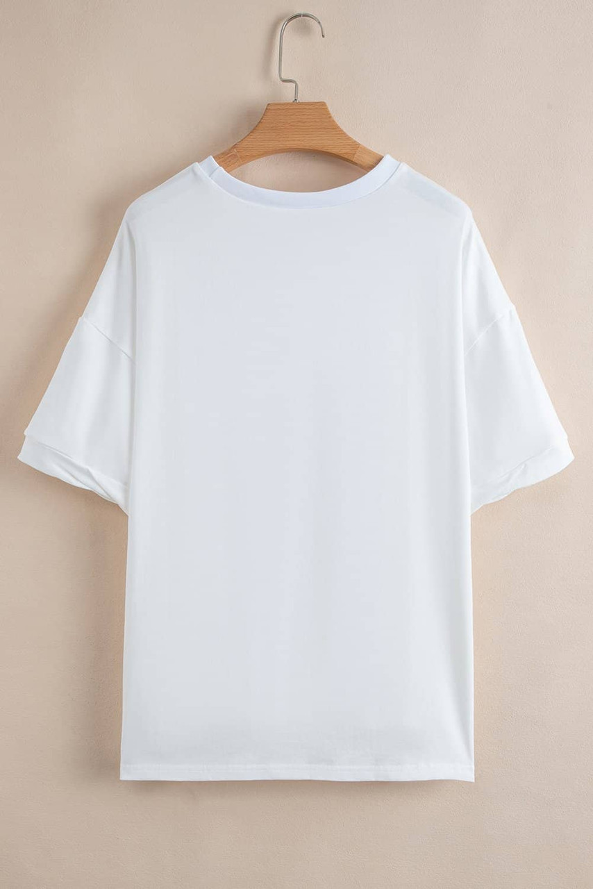 White Sequin USA Flag Balloon Puppy Graphic Drop Shoulder High Low Tee White Sequin USA Flag Balloon Puppy Graphic Drop Shoulder High Low Tee