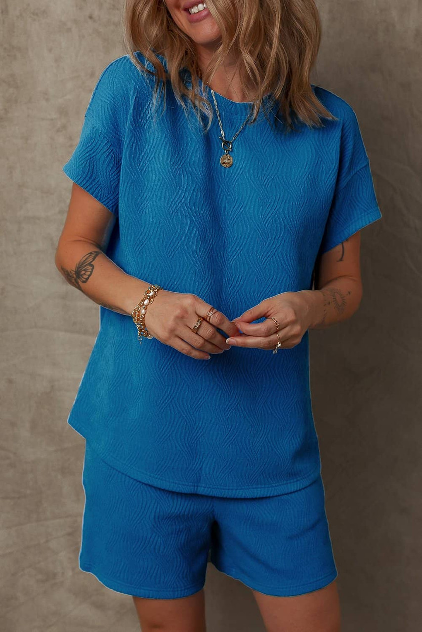 Bluing Solid Textured Crew Neck Short Set