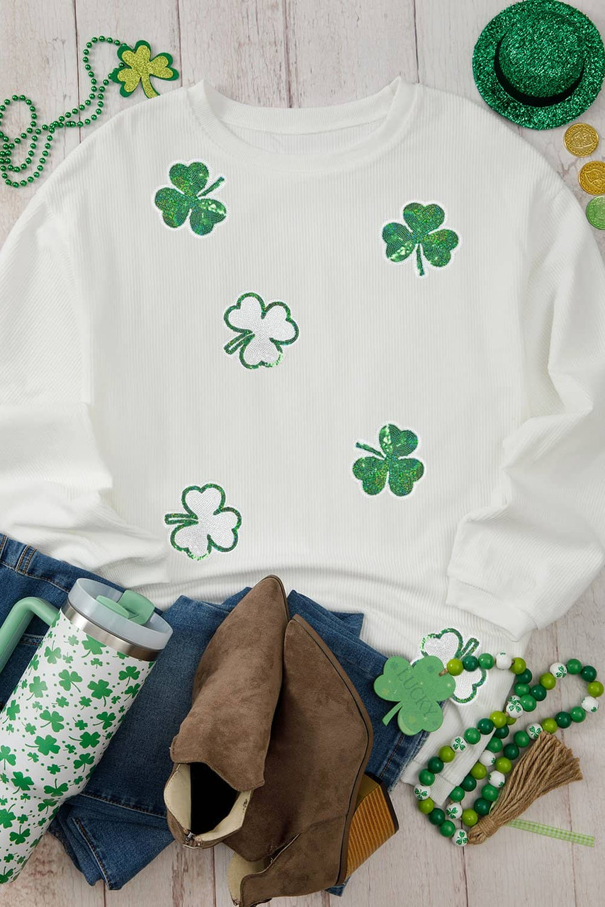 White Sequin Clover Patched Drop Shoulder Corded Sweatshirt White Sequin Clover Patched Drop Shoulder Corded Sweatshirt