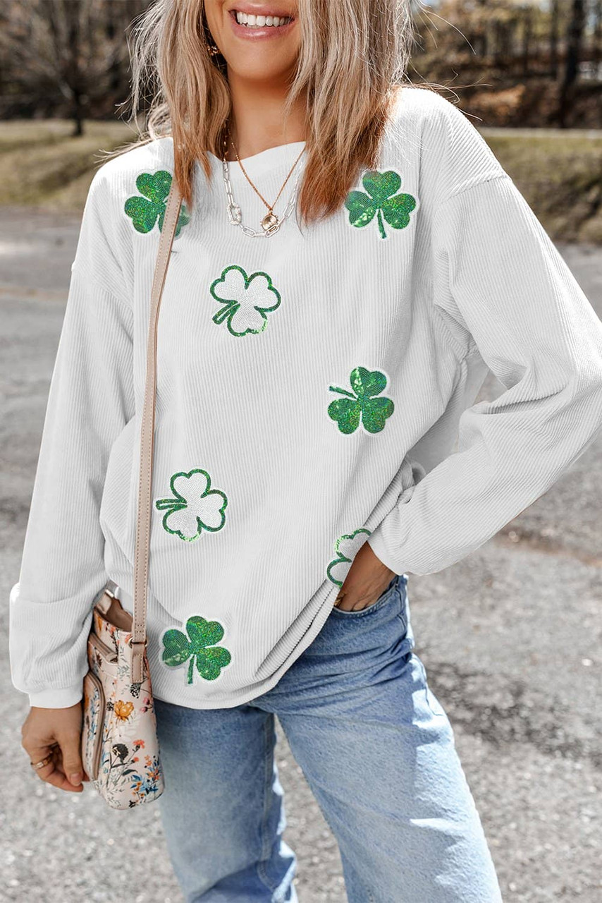 White Sequin Clover Patched Drop Shoulder Corded Sweatshirt White Sequin Clover Patched Drop Shoulder Corded Sweatshirt