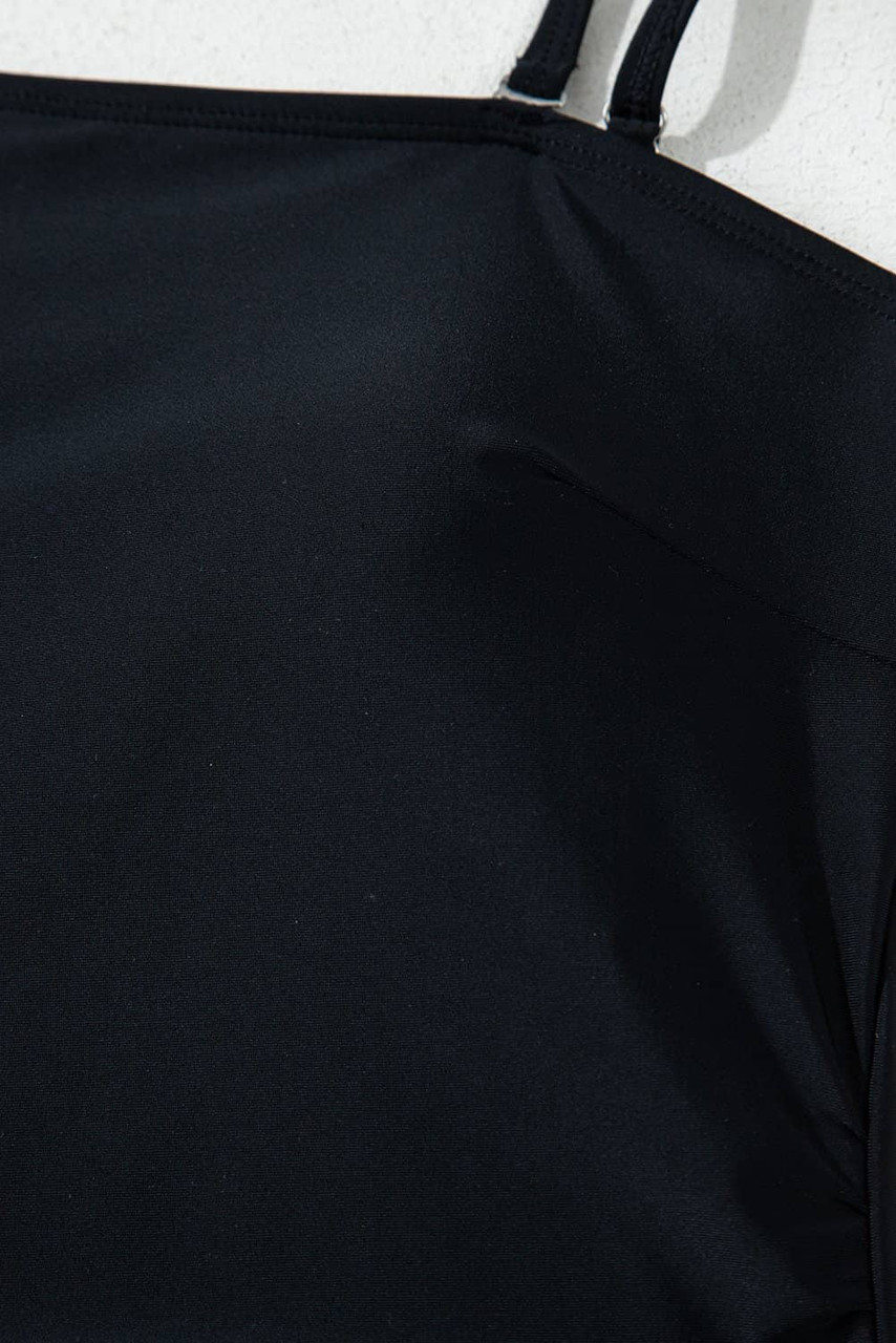 Black Asymmetric Ruffle Shoulder Pleated One Piece Swimsuit