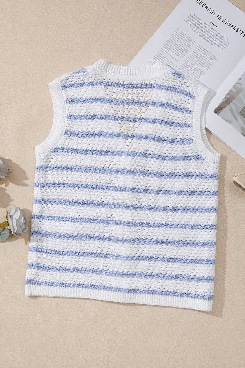 Sky Blue Stripe V Neck Gold Buttons Elegant Sweater Vest
