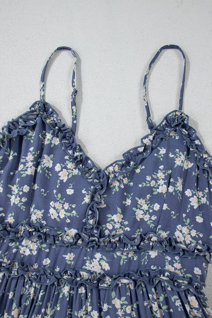 Blue Floral Spaghetti Strap Frilled V Neck Tiered Midi Dress
