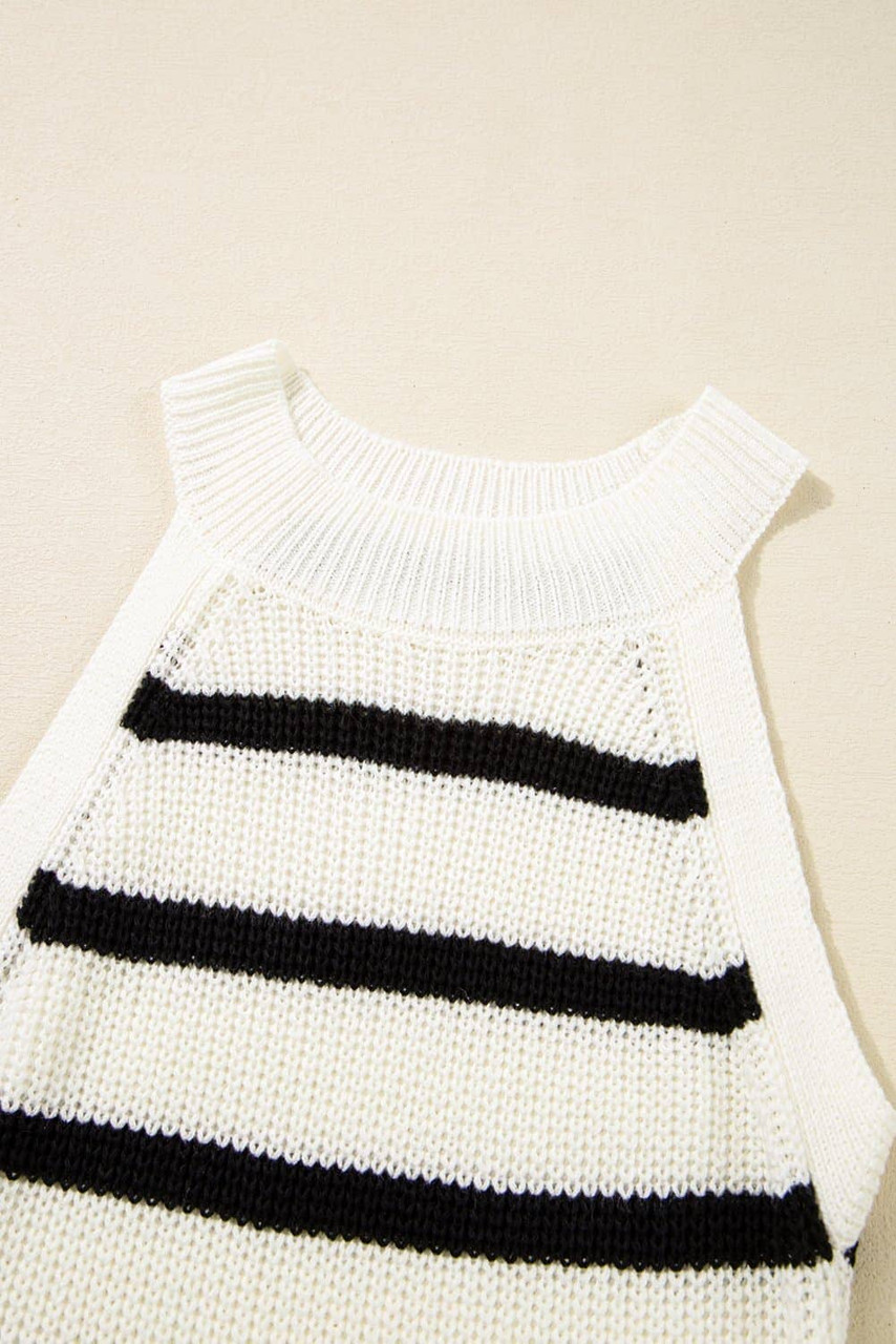 Black Stripe Knitted Drawstring Detail Sleeveless Dress