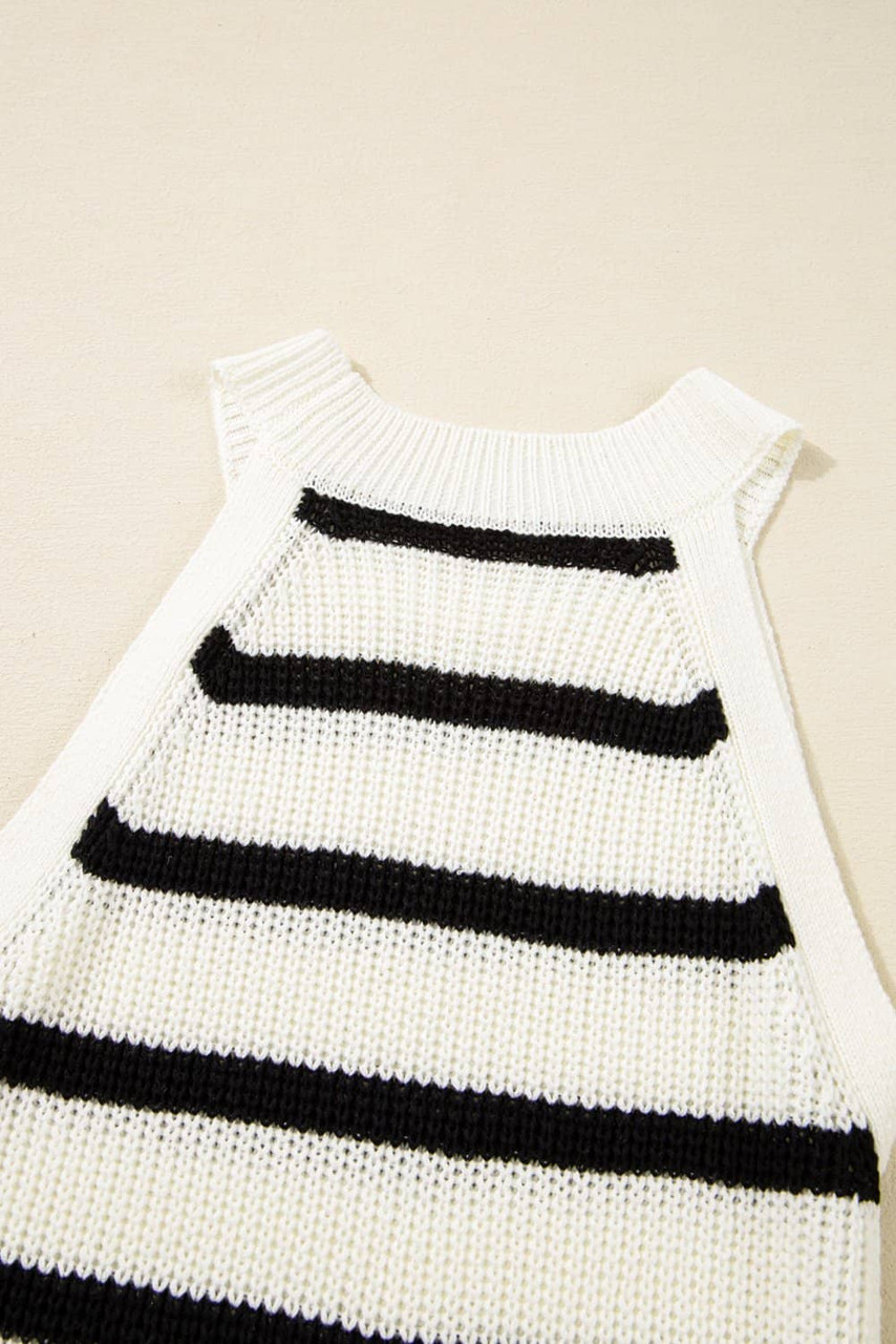 Black Stripe Knitted Drawstring Detail Sleeveless Dress
