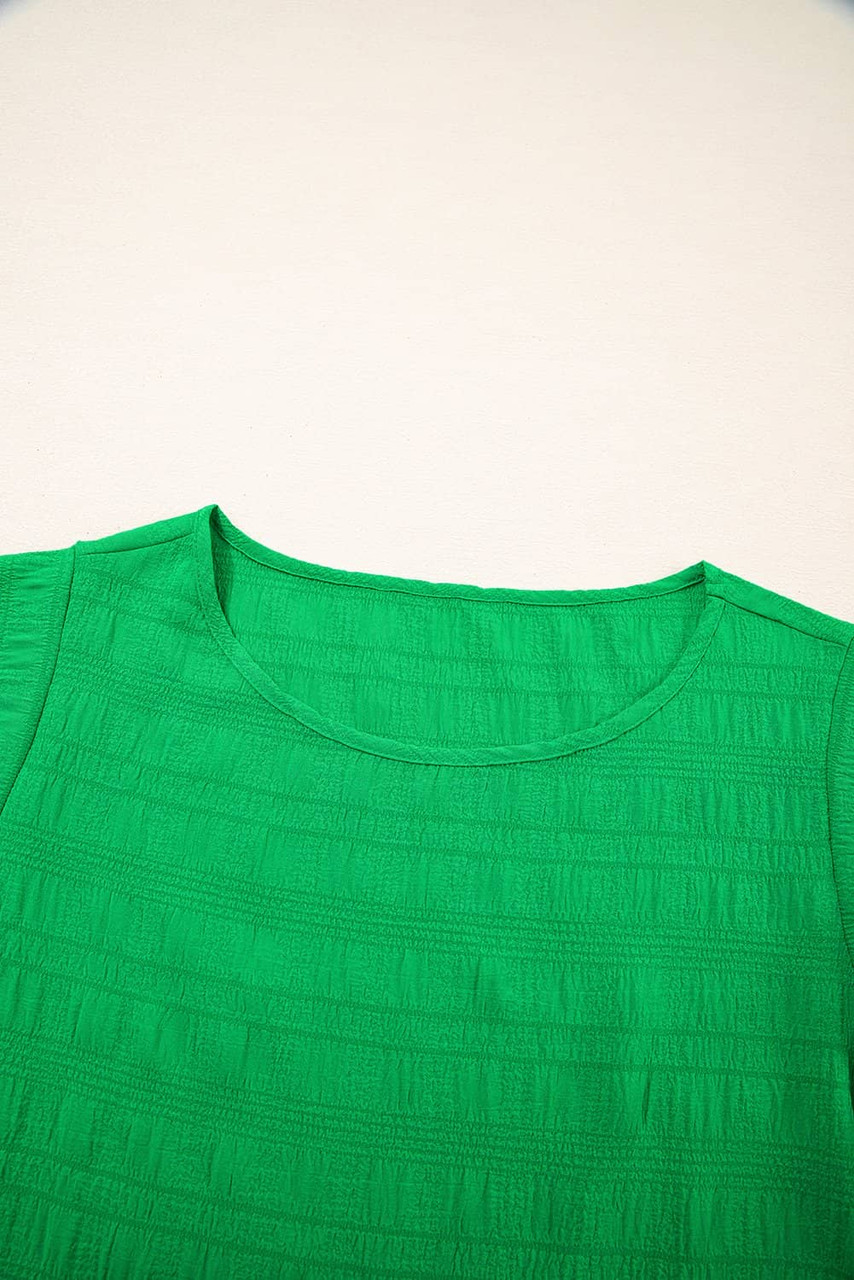 Dark Green Textured Ruffled Sleeve Round Neck Top