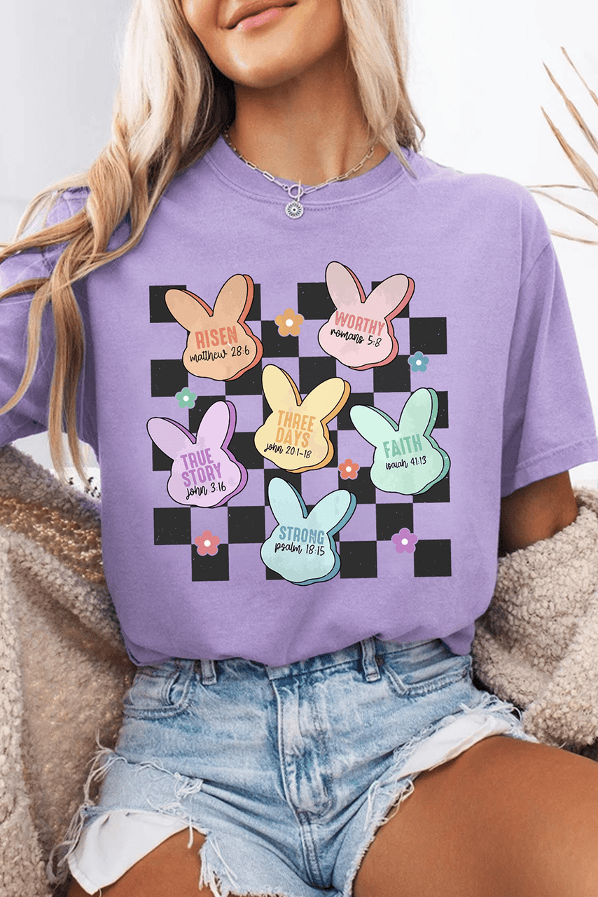 Wisteria Bunny Bible Verses Checkered Print Easter T Shirt