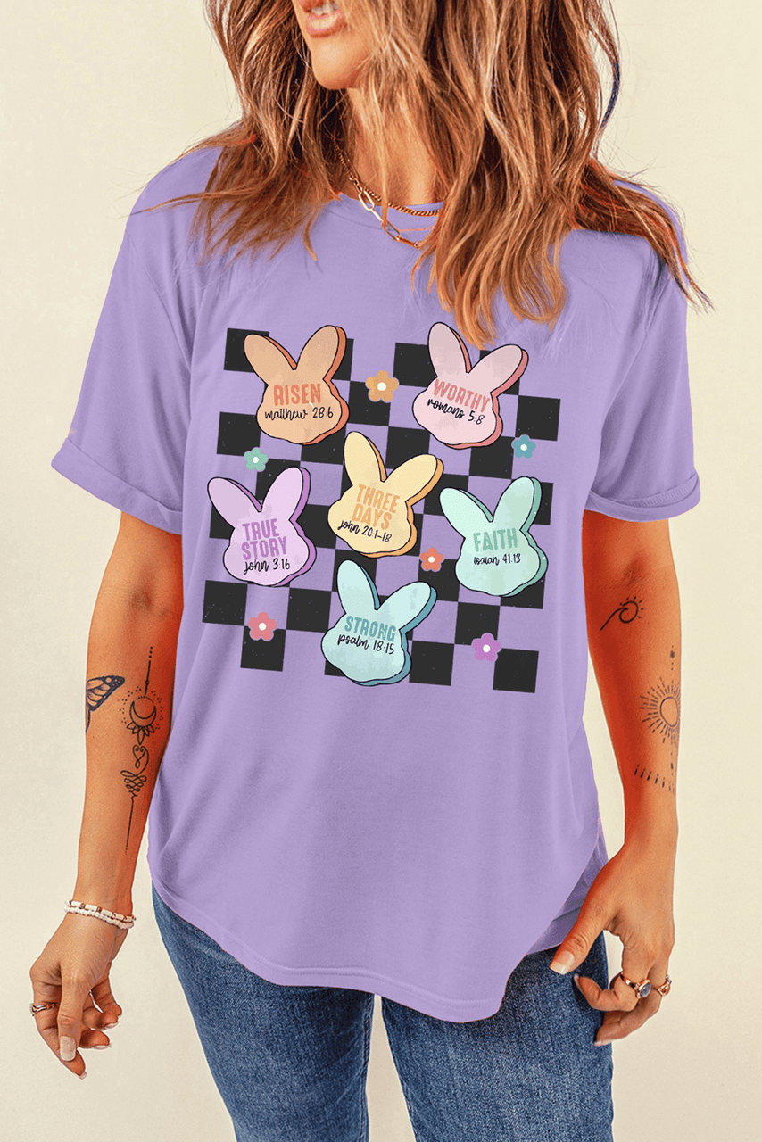Wisteria Bunny Bible Verses Checkered Print Easter T Shirt