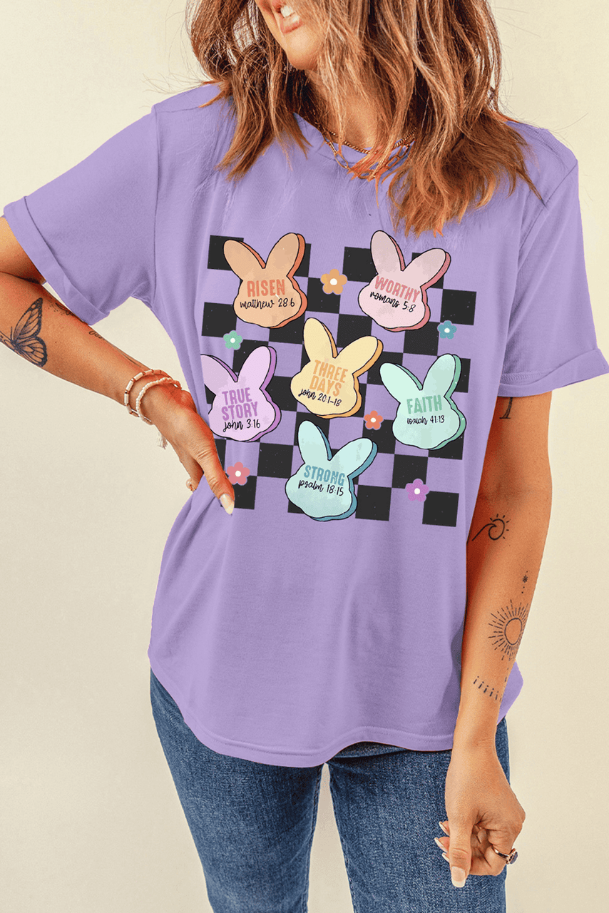 Wisteria Bunny Bible Verses Checkered Print Easter T Shirt