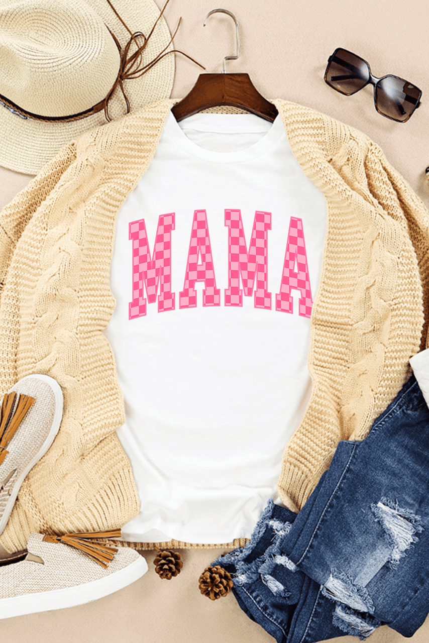 White Checkered MAMA Letter Graphic T Shirt White Checkered MAMA Letter Graphic T Shirt