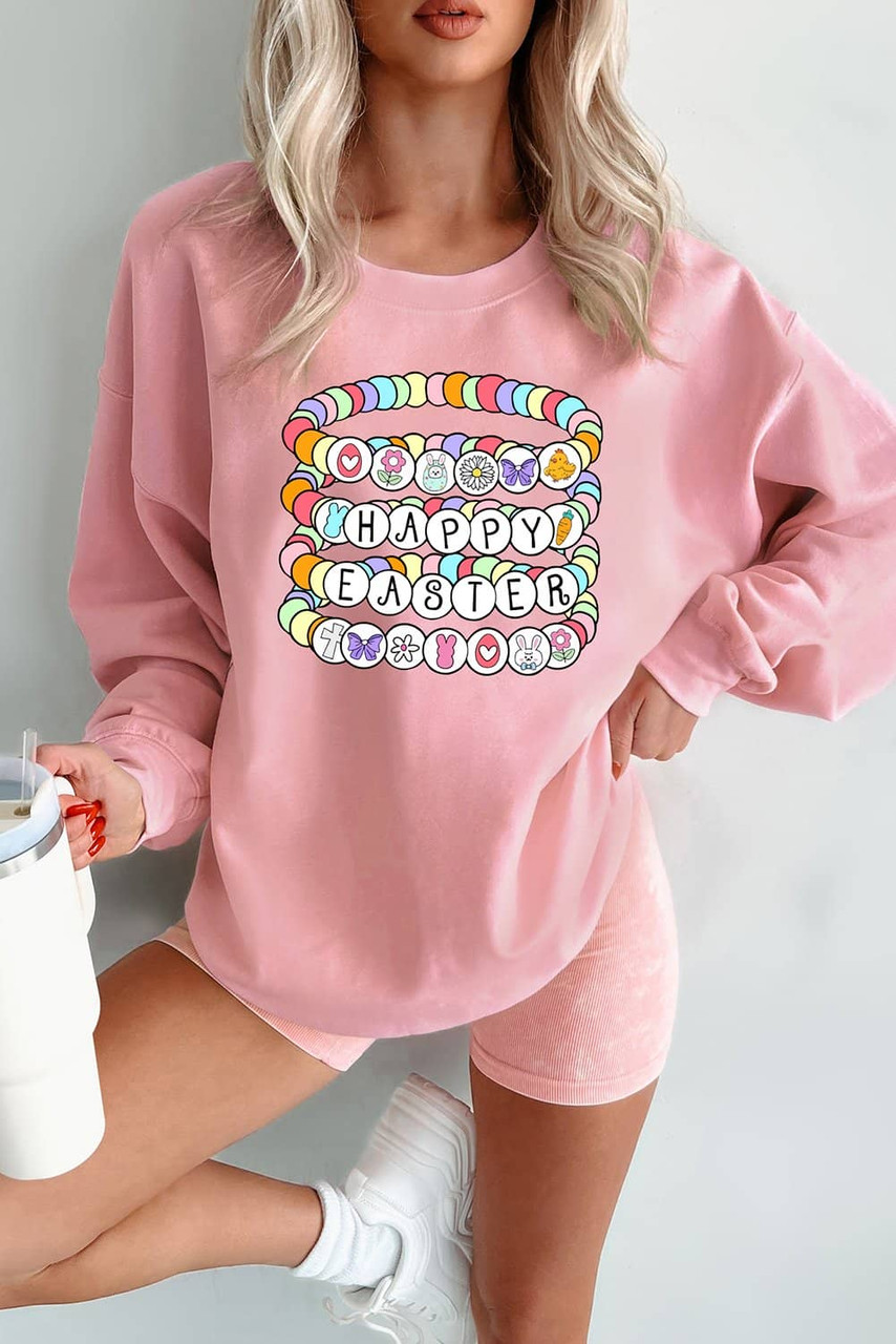 Pink Happy Easter Bracelet Print Drop Shoulder Sweatshirt