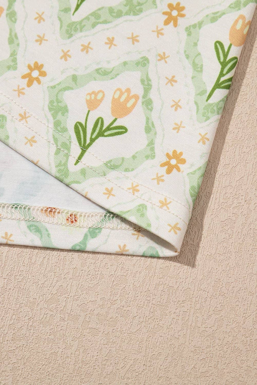 Green Floral Print Turn-down Collar Short Pajamas Set