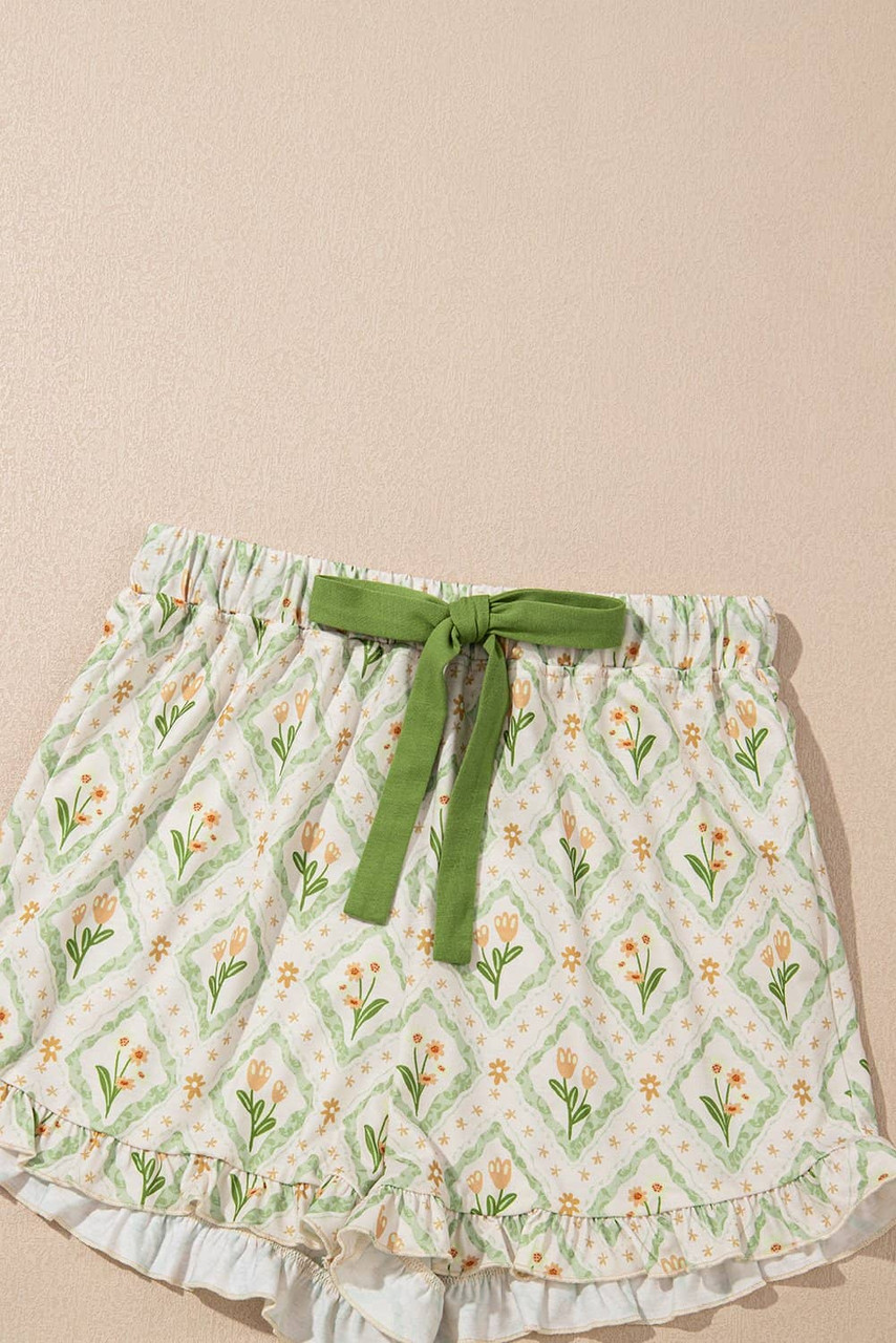 Green Floral Print Turn-down Collar Short Pajamas Set