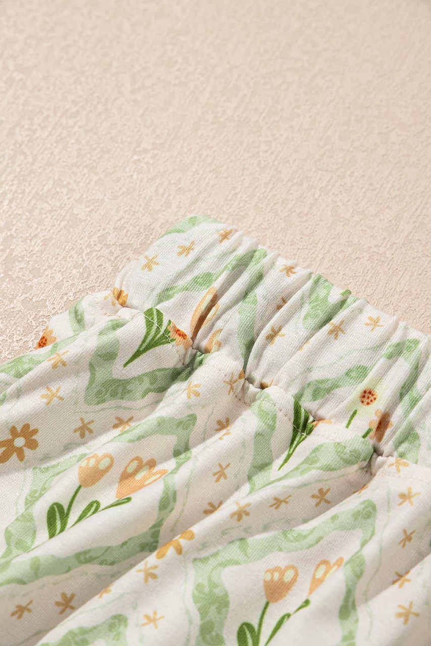 Green Floral Print Turn-down Collar Short Pajamas Set