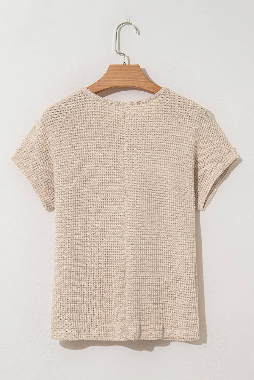 Oatmeal Lace Patchwork Waffle Short Sleeve Top