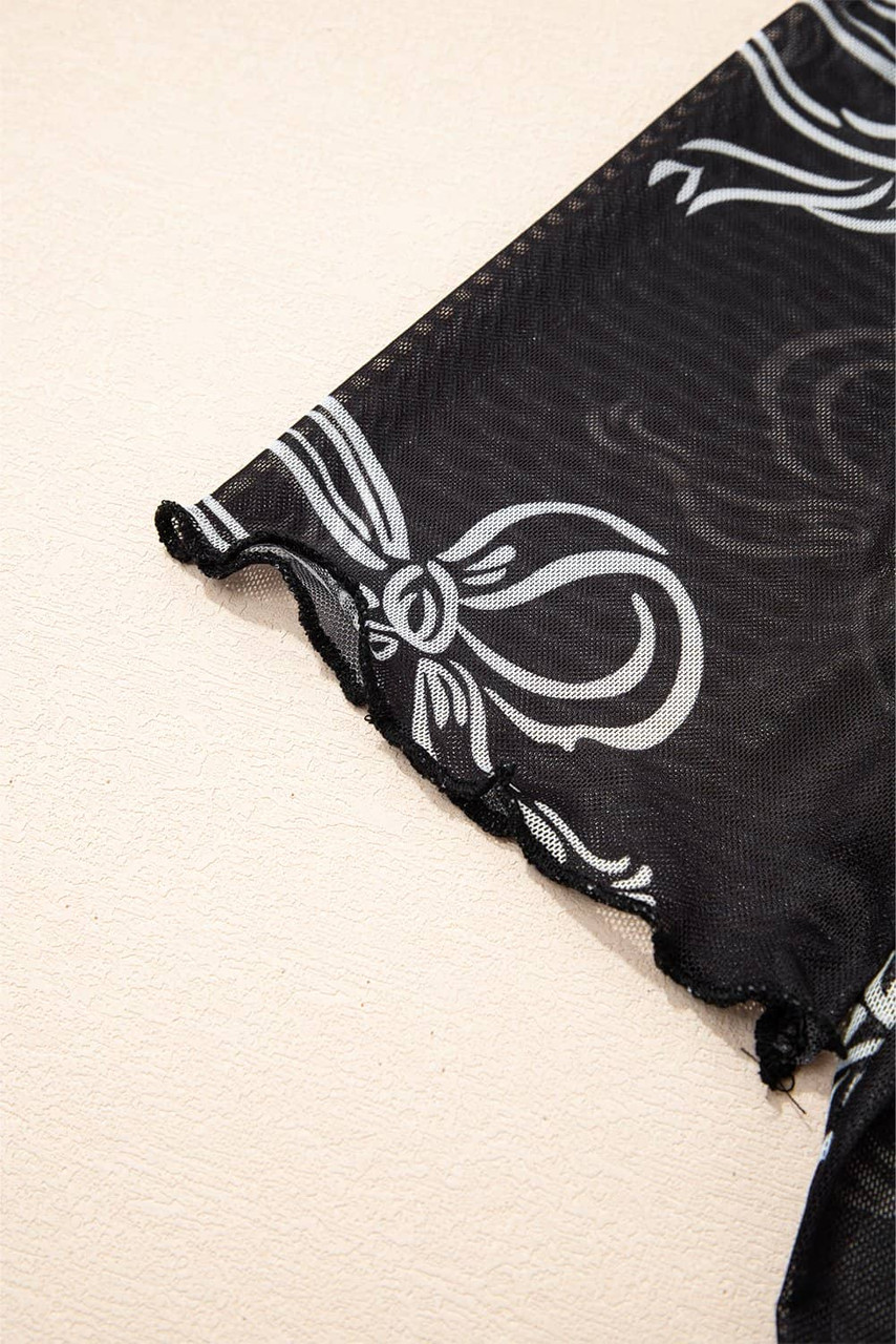 Black Bow Printed Mesh Short Sleeve Top