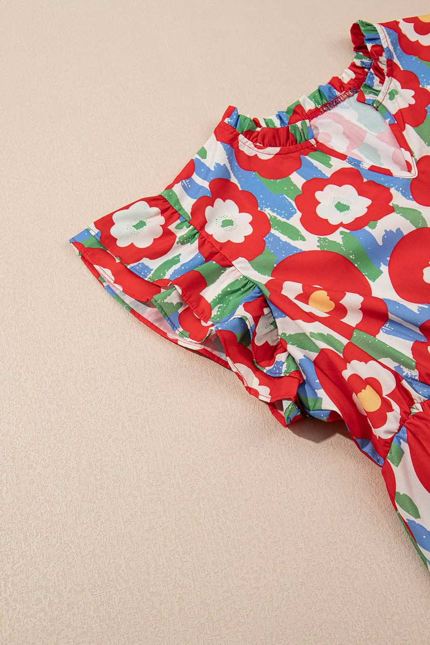 Red Plus Size Floral Print Ruffle Trim Split Neck Peplum Top