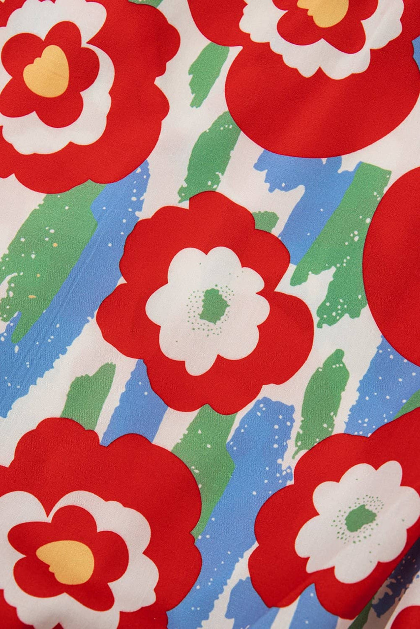 Red Plus Size Floral Print Ruffle Trim Split Neck Peplum Top