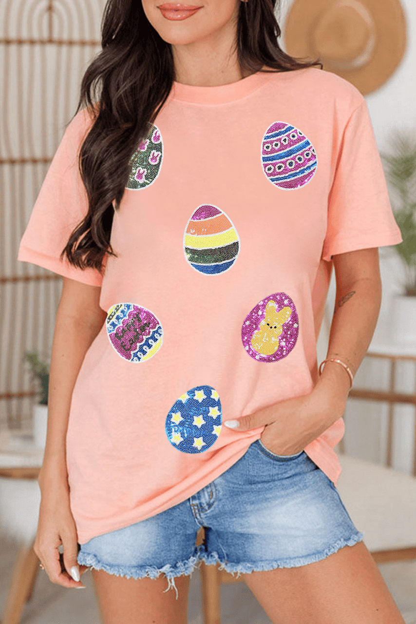 Pink Sequin Easter Eggs Graphic Crewneck T Shirt