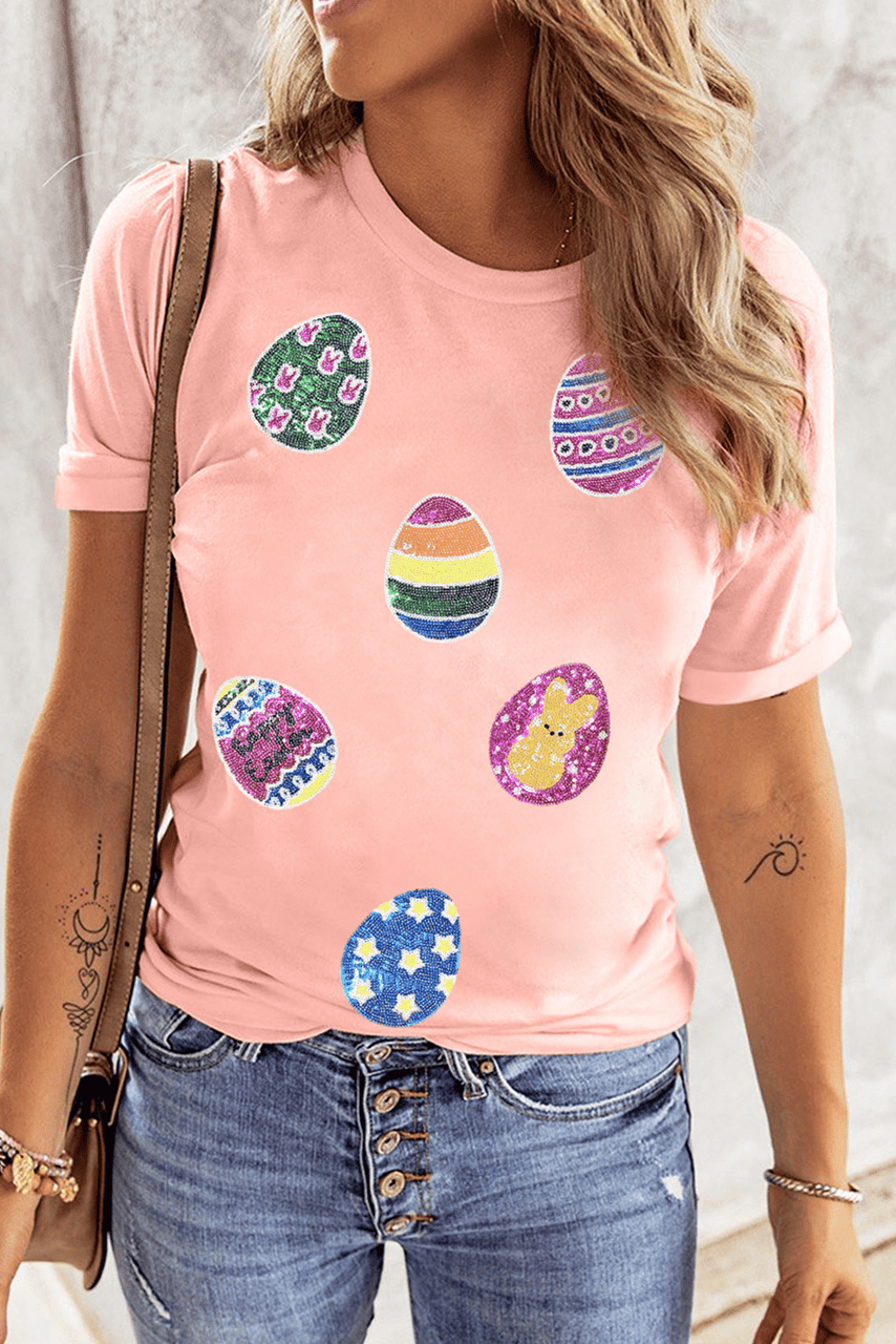 Pink Sequin Easter Eggs Graphic Crewneck T Shirt