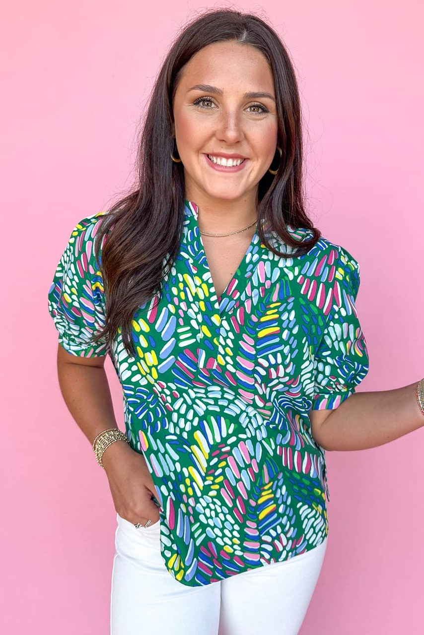 Green Brushwork Geometric Print Puff Sleeve Notched Neck Blouse Green Brushwork Geometric Print Puff Sleeve Notched Neck Blouse