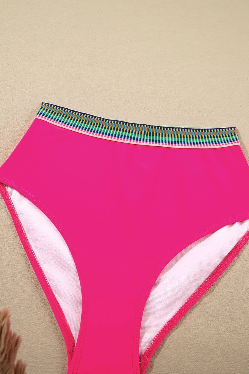 Rose Red Contrast Banding Tube Bikini High Waist 2pcs Swimsuit