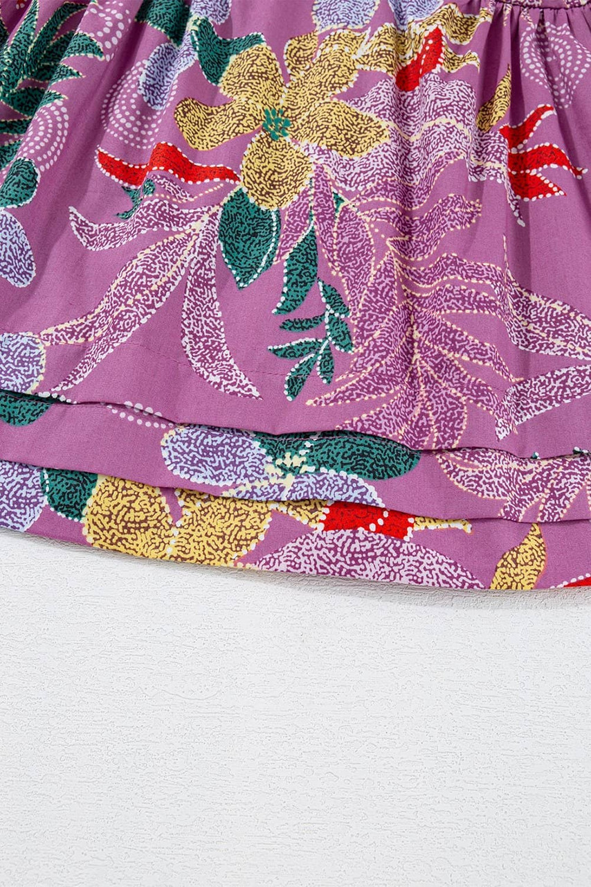 Purple Floral Print Sweetheart Neck Flutter Sleeve Blouse