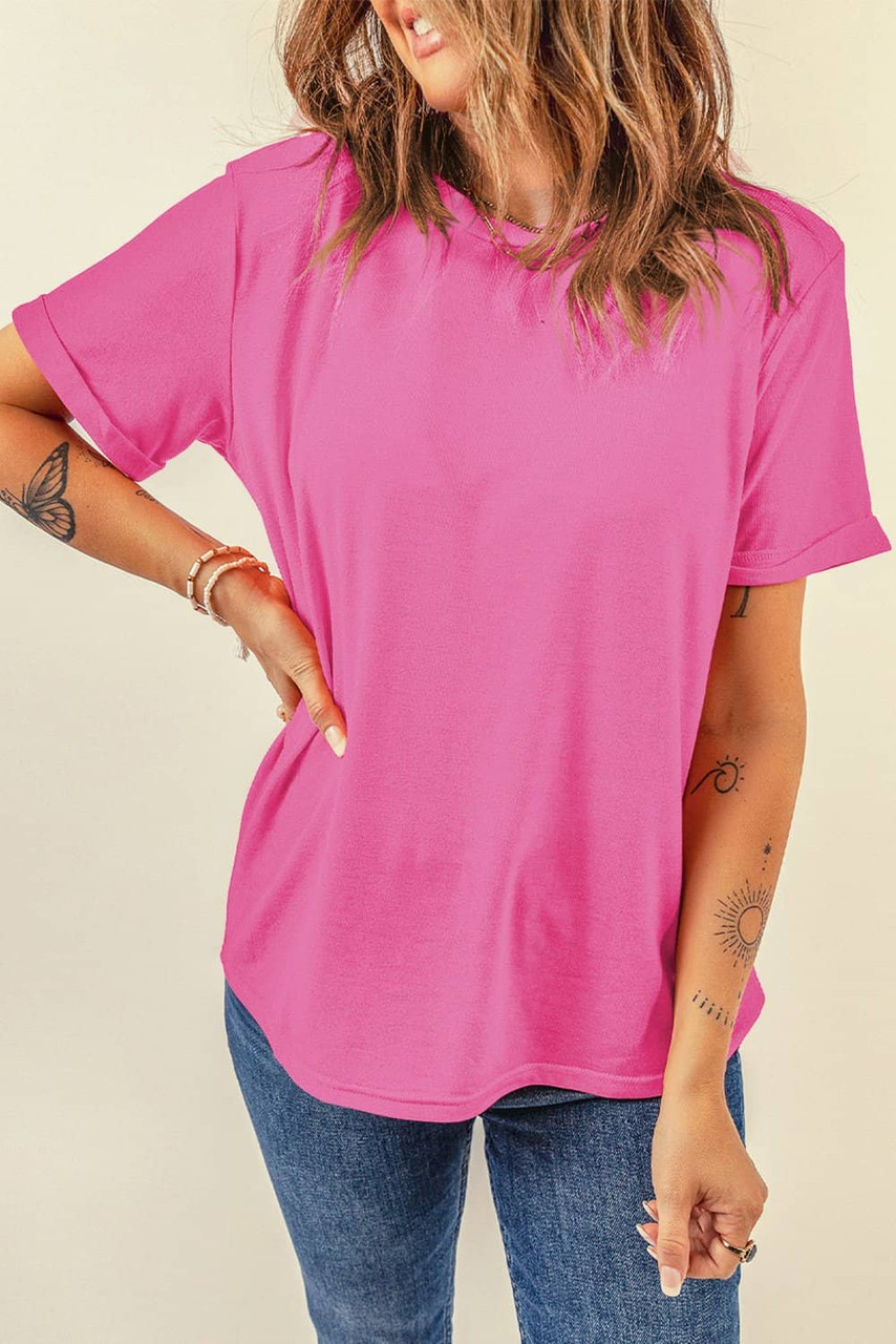 Sachet Pink Bright Casual Plain Crew Neck Tee Sachet Pink Bright Casual Plain Crew Neck Tee