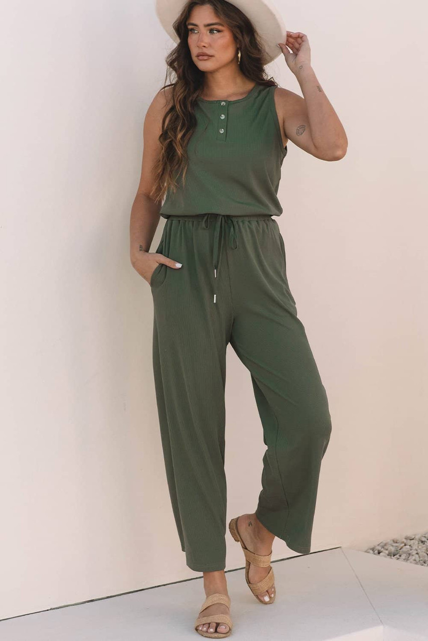 Vineyard Green Buttoned Drawstring Waist Sleeveless Wide Leg Jumpsuit Vineyard Green Buttoned Drawstring Waist Sleeveless Wide Leg Jumpsuit