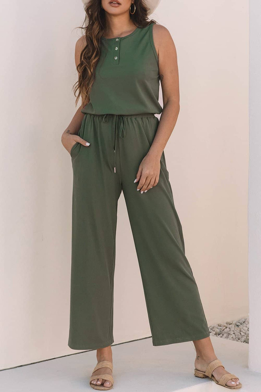 Vineyard Green Buttoned Drawstring Waist Sleeveless Wide Leg Jumpsuit Vineyard Green Buttoned Drawstring Waist Sleeveless Wide Leg Jumpsuit