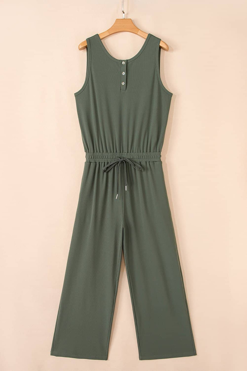 Vineyard Green Buttoned Drawstring Waist Sleeveless Wide Leg Jumpsuit Vineyard Green Buttoned Drawstring Waist Sleeveless Wide Leg Jumpsuit