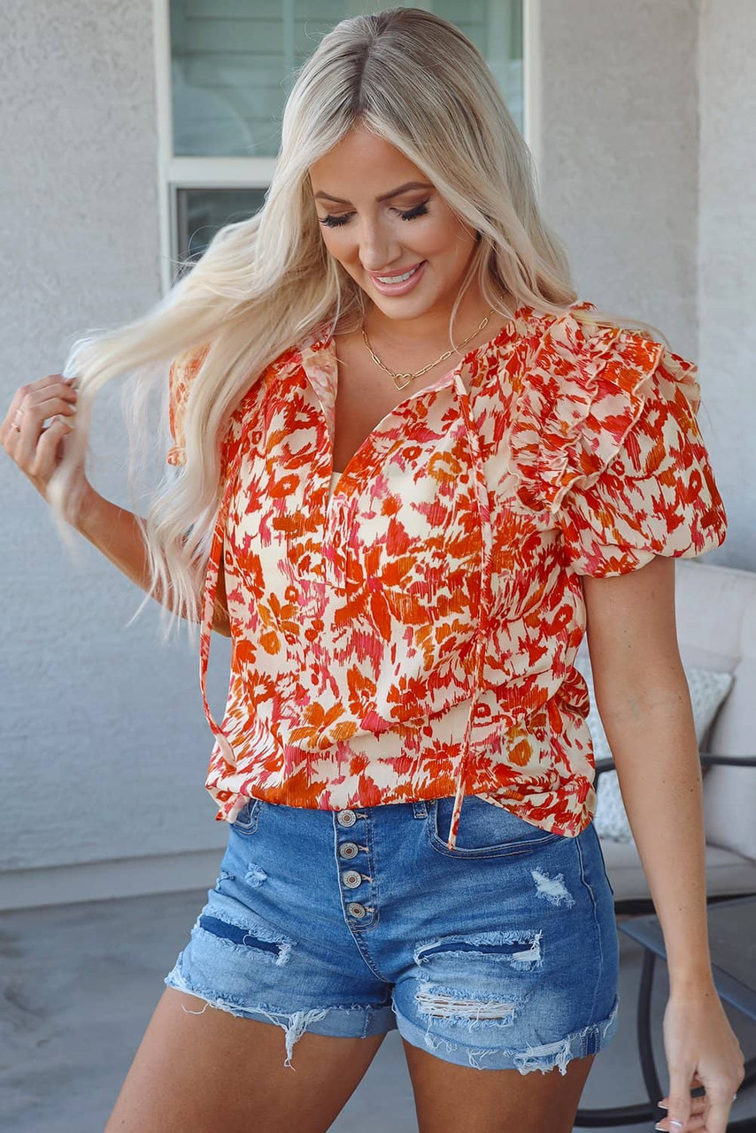 Orange Floral Print Ruffled Short Puff Sleeve Split Neck Blouse Orange Floral Print Ruffled Short Puff Sleeve Split Neck Blouse