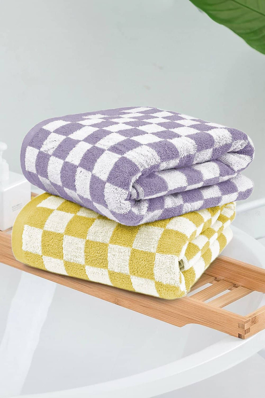 Yellow Cream Checkered Print Soft Large Bath Towel