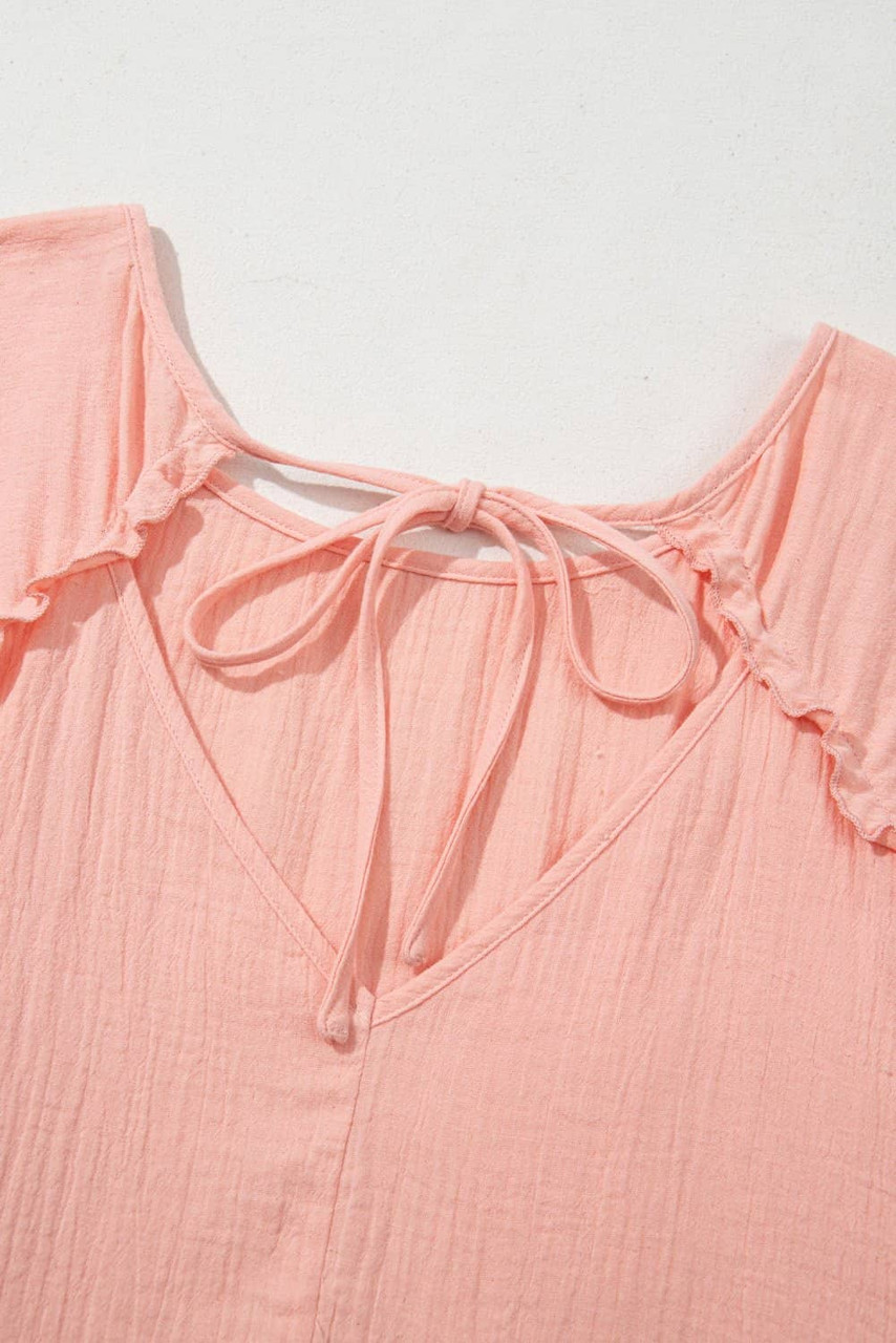 Apricot Pink Plus Size Textured Wide Short Sleeve Babydoll Blouse