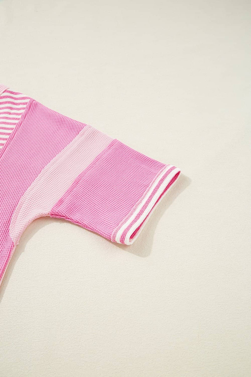 Pink Stripe Color Block Patchwork Loose Half Sleeve T Shirt