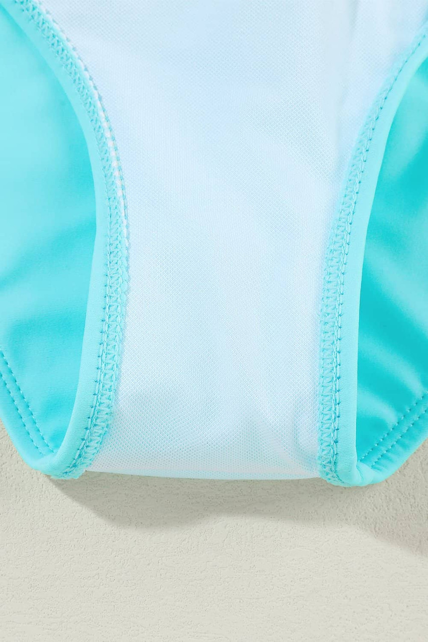 Turquoise Striped Patchwork Spaghetti Strap High Waist Bikini Swimsuit