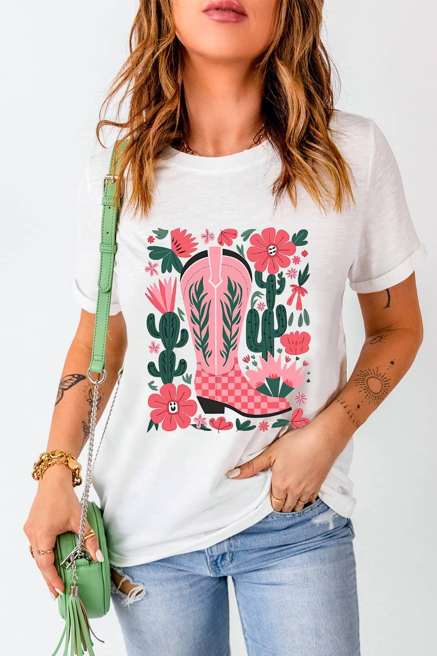 White Western Boots Flower Print Round Neck T Shirt White Western Boots Flower Print Round Neck T Shirt