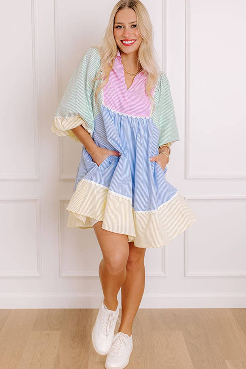 Multicolour Striped Patchwork Ric Rac Puff Sleeve Collared Mini Dress