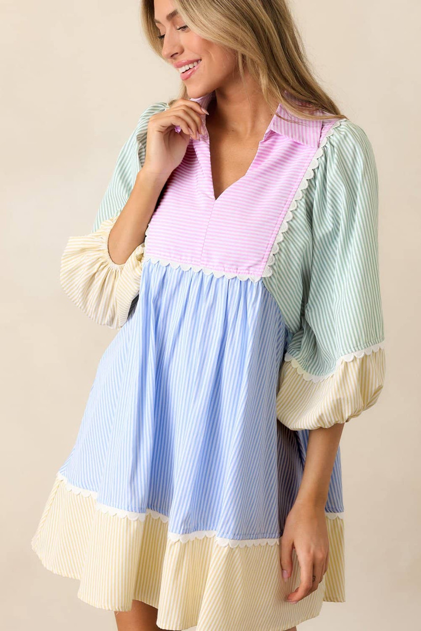 Multicolour Striped Patchwork Ric Rac Puff Sleeve Collared Mini Dress