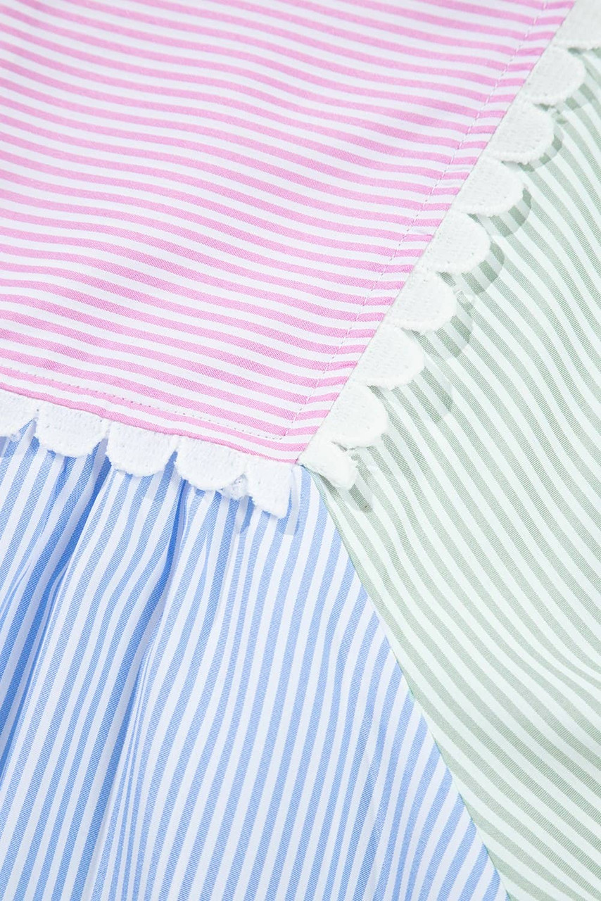 Multicolour Striped Patchwork Ric Rac Puff Sleeve Collared Mini Dress