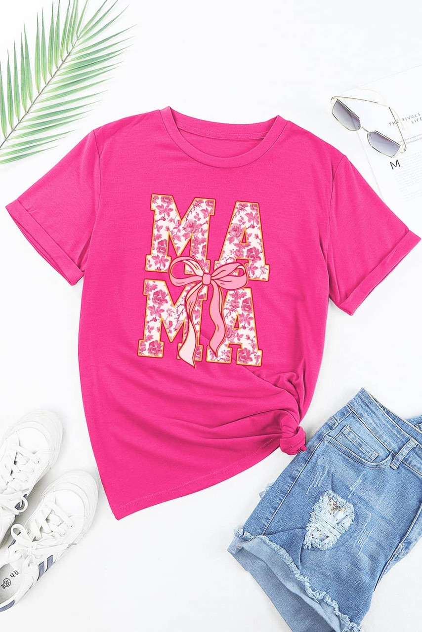 Rose Red Floral MAMA Lettering Bow Print T Shirt