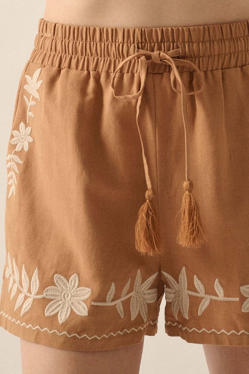 Khaki Embroidered Boho Tasseled Drawstring Elastic Waist Casual shorts