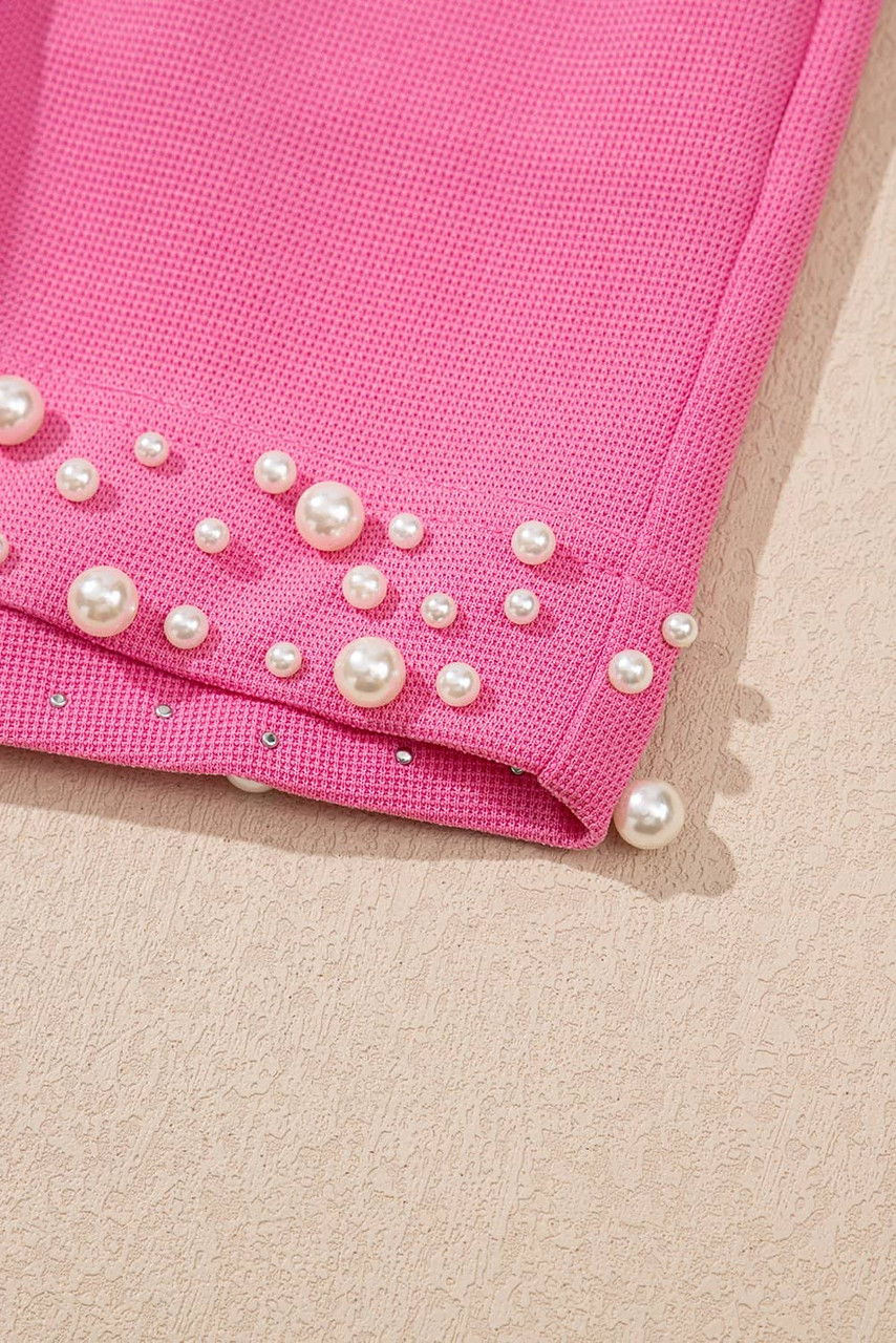 Bright Pink Textured Pearled Ruffle Sleeve Top 2 Piece Shorts Set