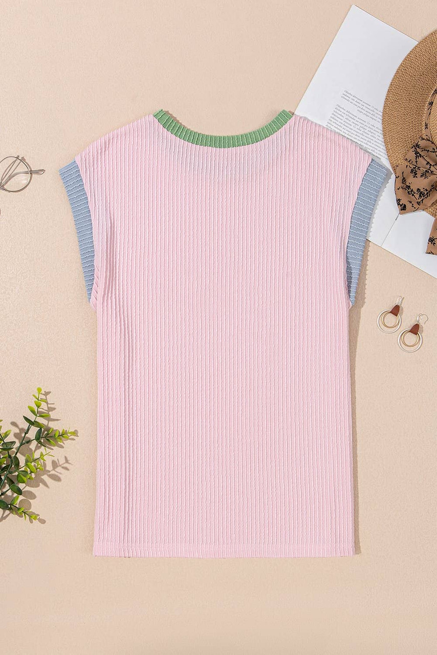Pink Sequined MAMA Graphic Corded Rib Knit Colorblock T Shirt Pink Sequined MAMA Graphic Corded Rib Knit Colorblock T Shirt