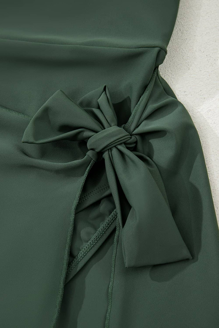 Mist Green Side Tied Waist Square Neck Adjustable Straps A-line One Piece Swim Dress