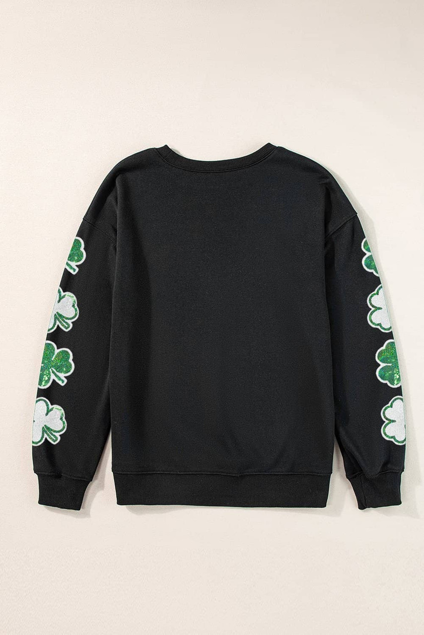 Black Sequin Clover Patched Drop Shoulder Sweatshirt Black Sequin Clover Patched Drop Shoulder Sweatshirt