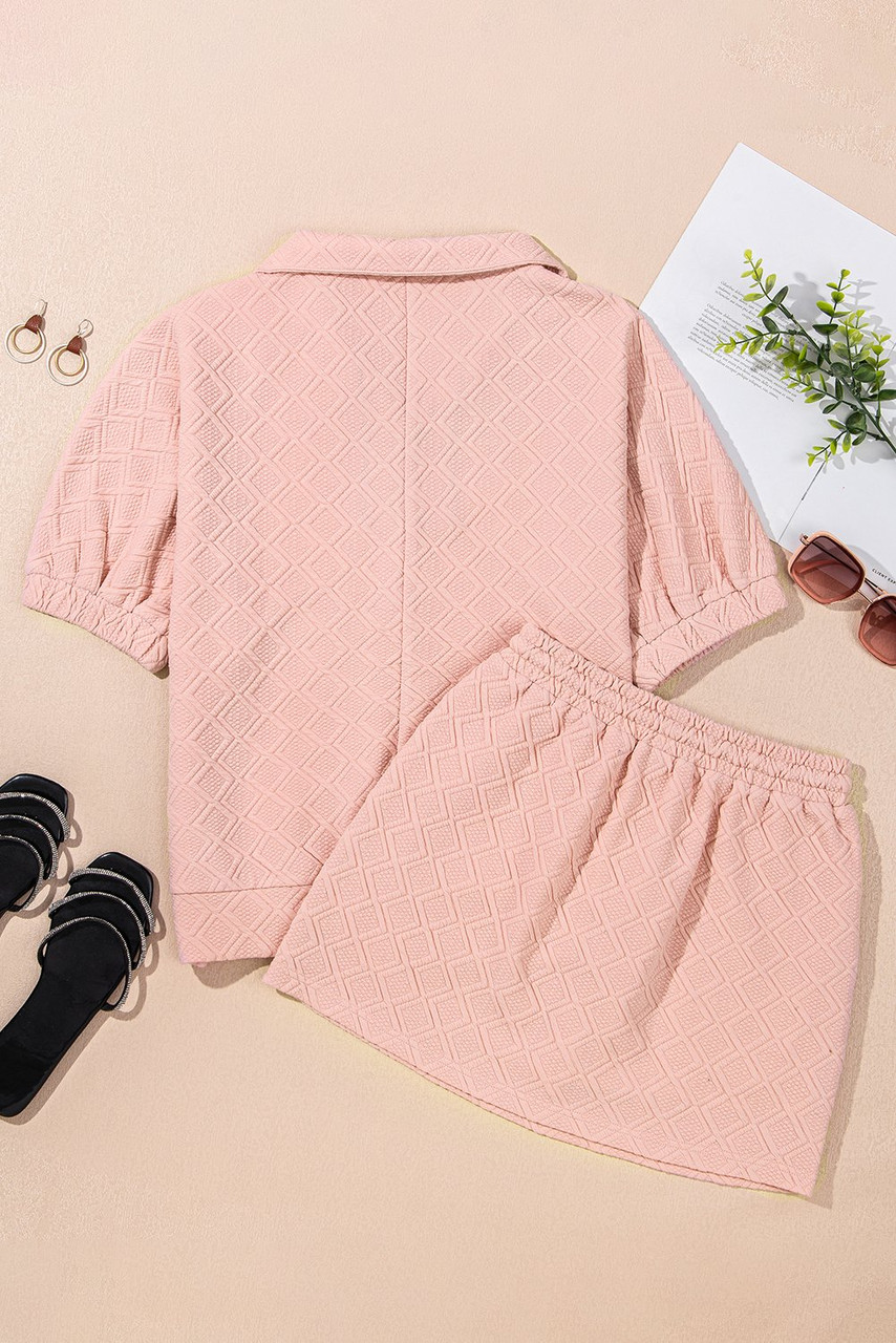 Light Pink Striped Collared Zip up Textured Skirt Set