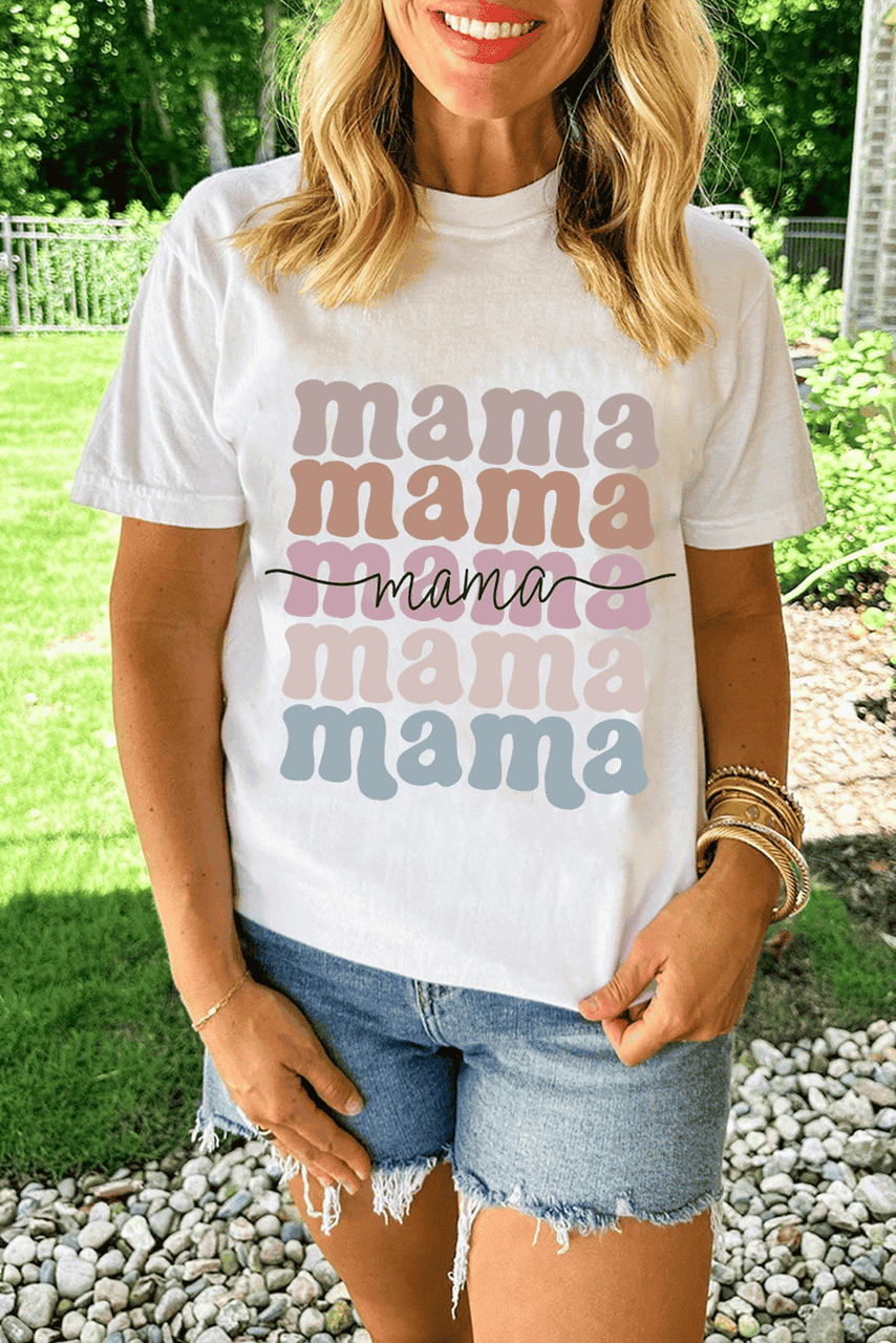 White mama Lettering Printed Crew Neck Tee