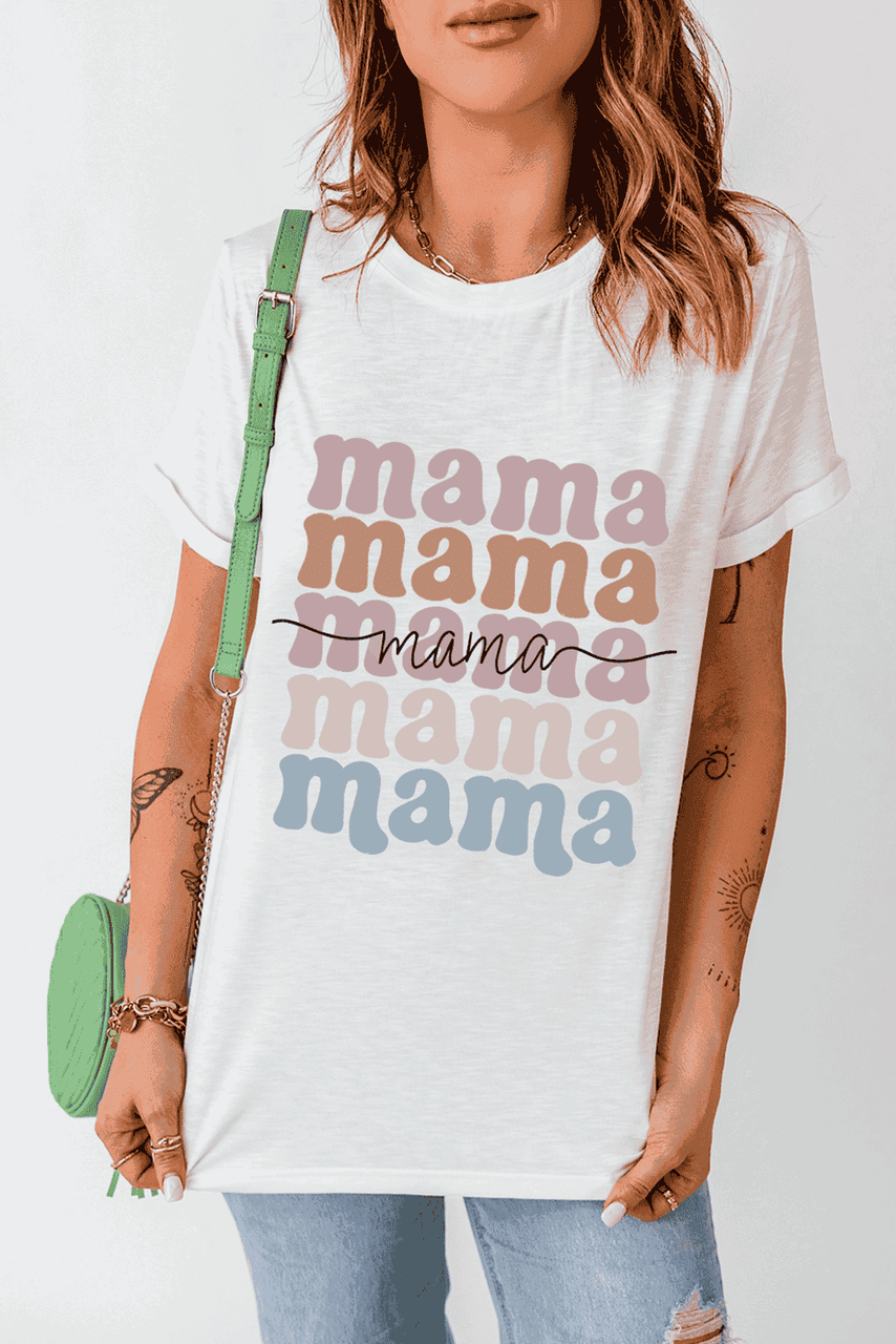 White mama Lettering Printed Crew Neck Tee