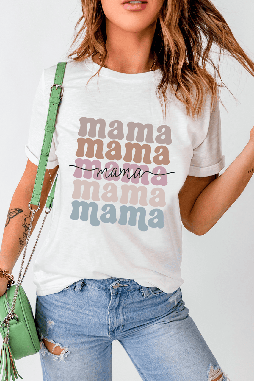 White mama Lettering Printed Crew Neck Tee